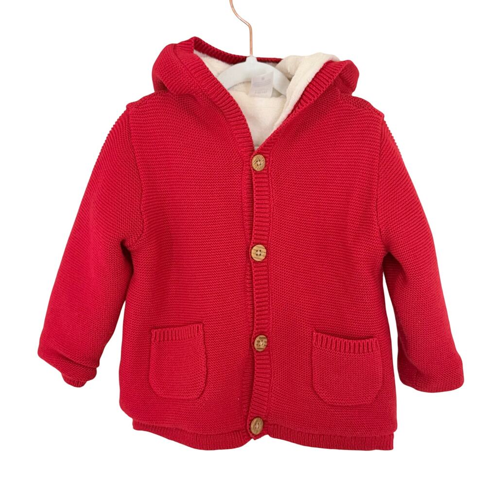 Carters Sweater Knit Jacket Red Baby 18M Sherpa Hooded Granola Grandpa Holiday